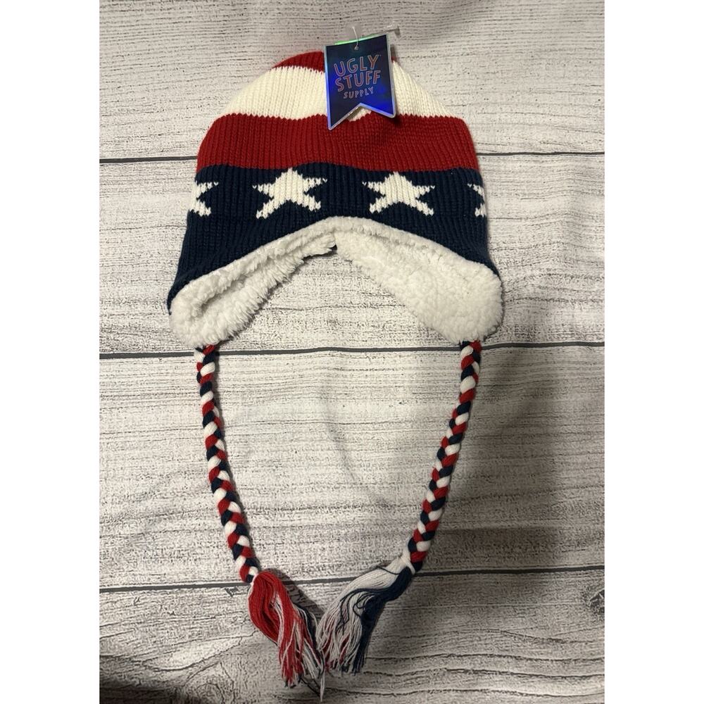 NWT Ugly Stuff American Flag Sherpa Lined Beanie Winter Hat Unisex One Size
